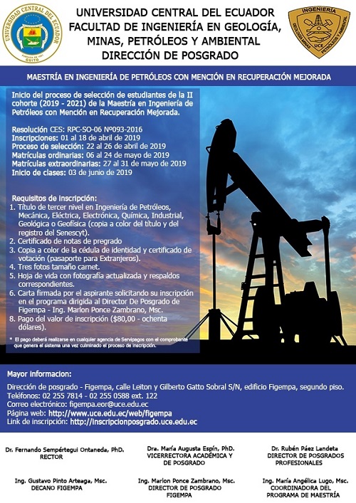 Convocatoria Maestría en Ingeniería de Petróleos Mención Recuperación Mejorada FIGEMPA UCE